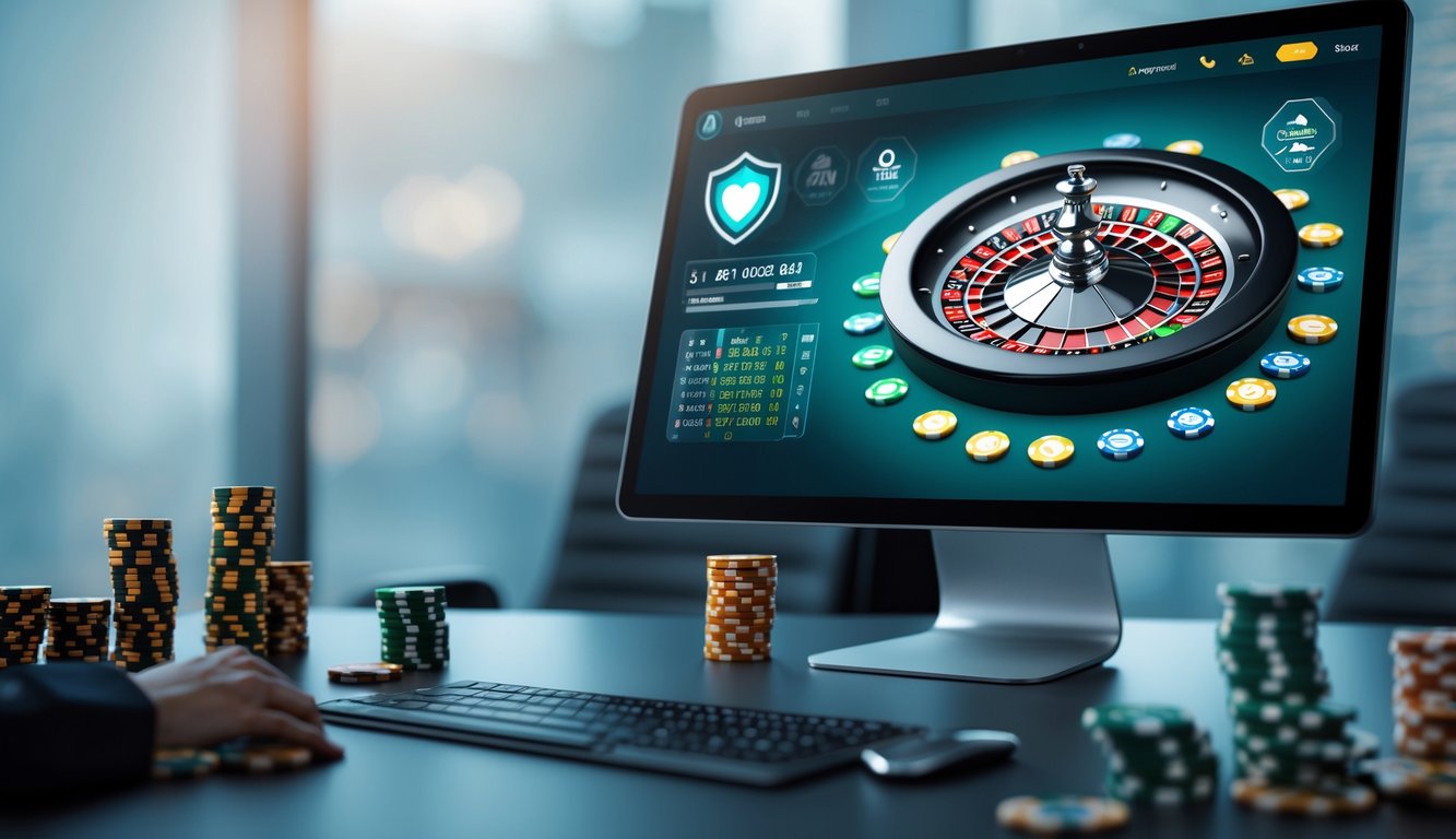 Sebuah meja kerja modern dengan layar komputer menampilkan roda roulette dan chip taruhan dalam suasana yang aman dan terpercaya.