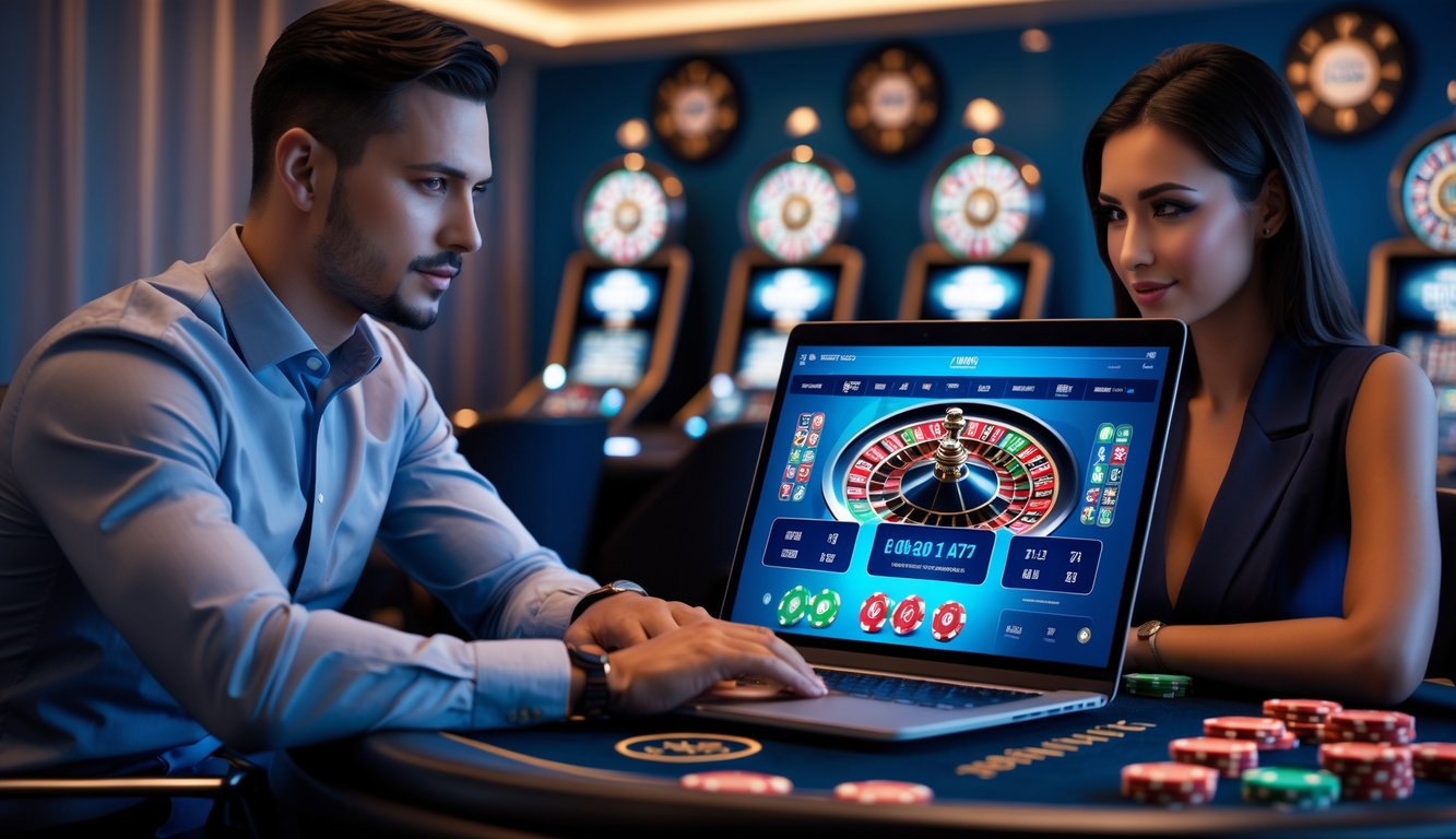 Seorang pria dan wanita duduk di meja bermain roulette online dengan laptop, tampak fokus dan serius dalam suasana ruangan yang rapi dan terang.