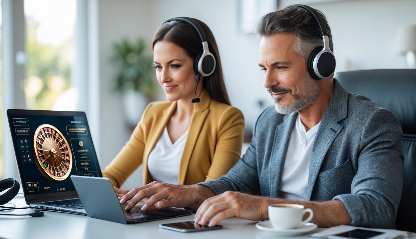 Seorang pria dan wanita dewasa duduk bersama di depan laptop dan smartphone yang menampilkan permainan roulette online, terlihat fokus dan serius.