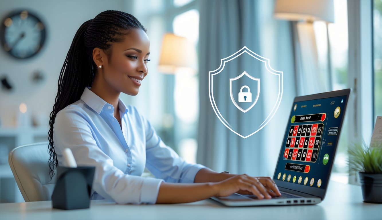 Seorang wanita muda duduk di depan laptop sambil bermain roulette online dengan ekspresi percaya diri dan tenang.