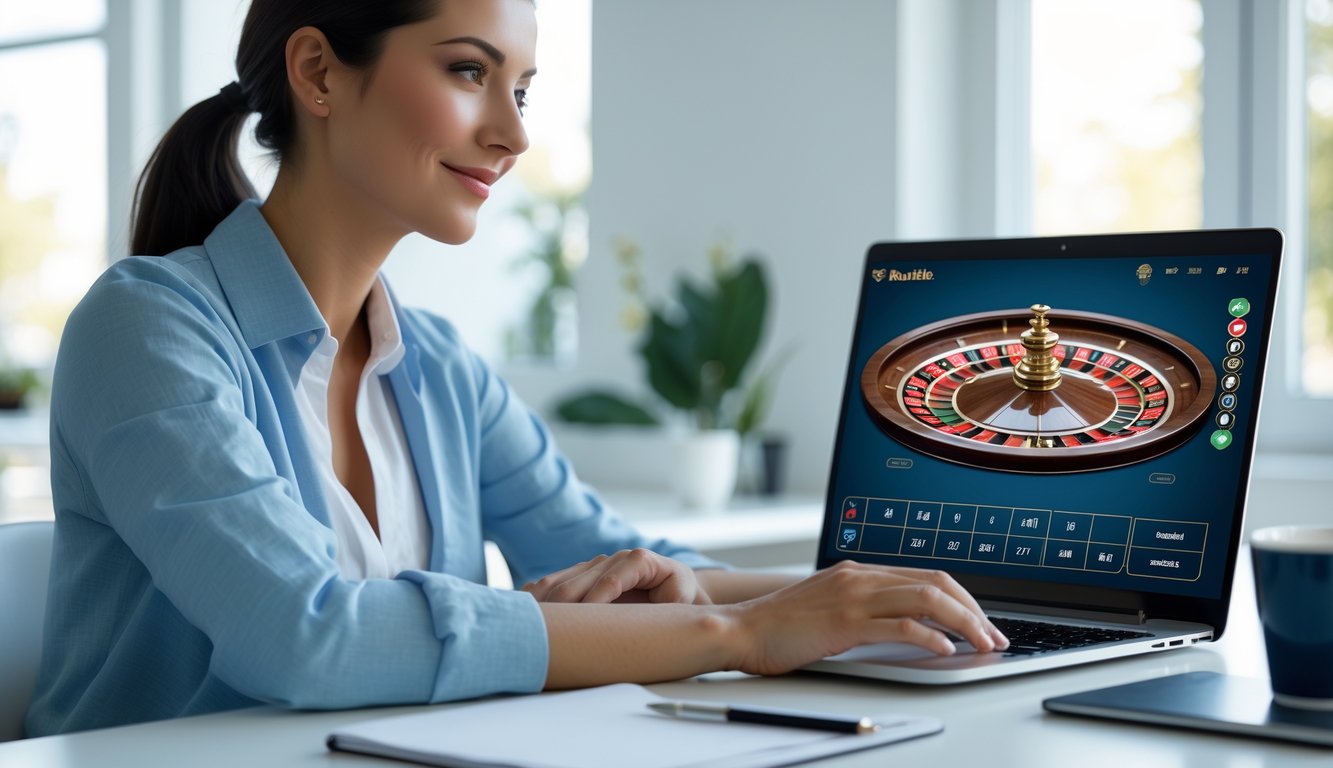 Seseorang duduk di meja dengan laptop yang menampilkan permainan roulette online, terlihat fokus dan santai di ruang kerja yang terang dan rapi.