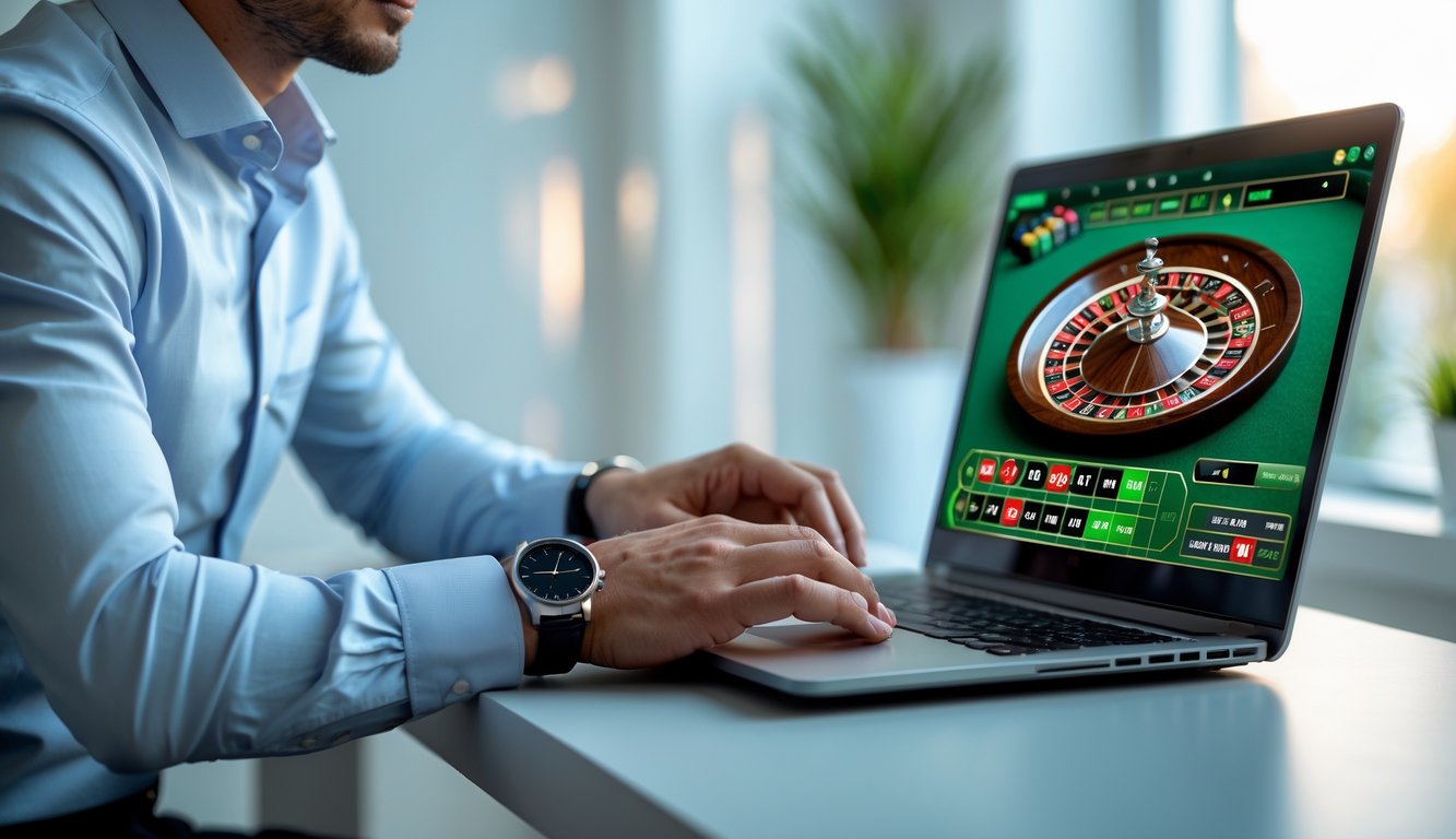 Seorang pemain profesional sedang bermain roulette online di laptop di sebuah ruangan modern yang terang.