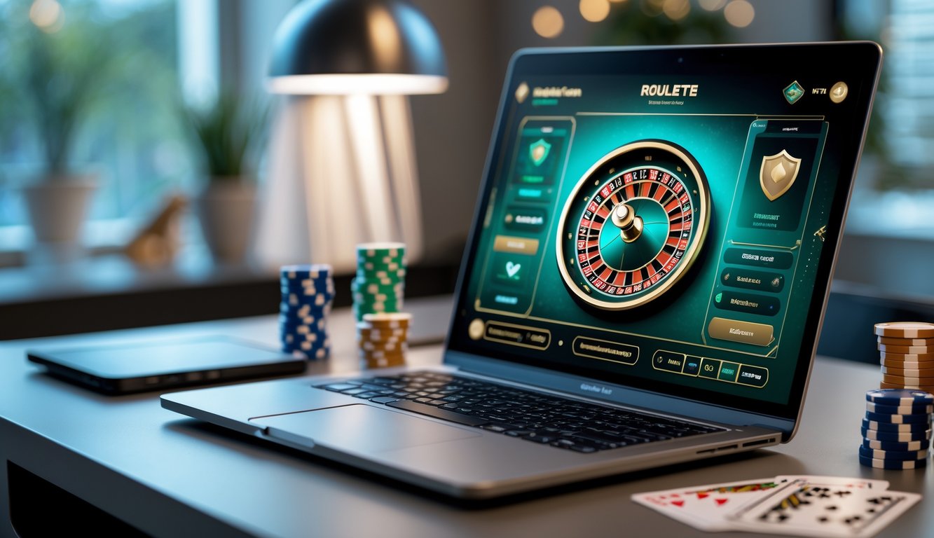 Seorang pemain menggunakan laptop dengan tampilan roda roulette online di layar, dikelilingi oleh chip poker dan kartu remi di atas meja yang rapi.
