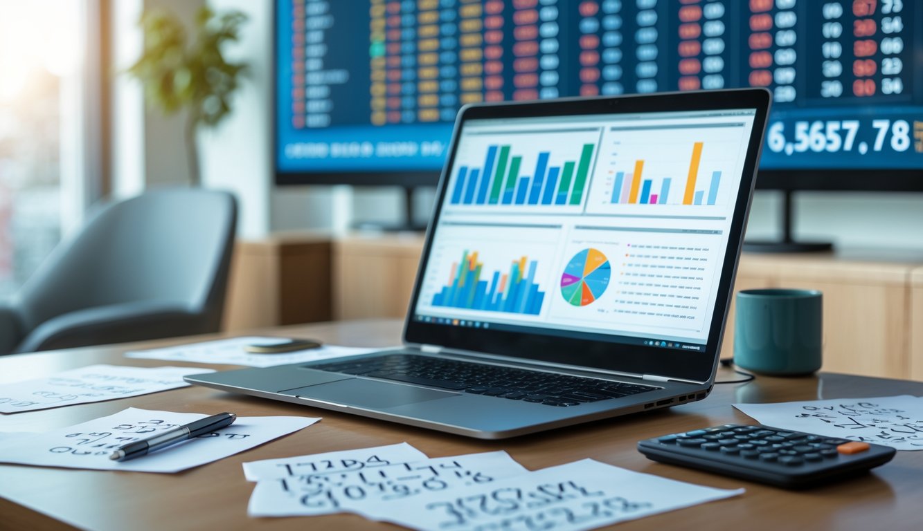 Meja kerja modern dengan laptop menampilkan grafik dan angka, kertas dengan catatan angka, kalkulator, dan layar digital di latar belakang yang menunjukkan data angka.