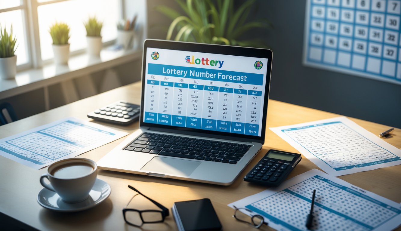 Meja kerja dengan laptop, kertas berisi angka, kalkulator, dan cangkir kopi yang menunjukkan suasana analisis prediksi angka togel bulanan.