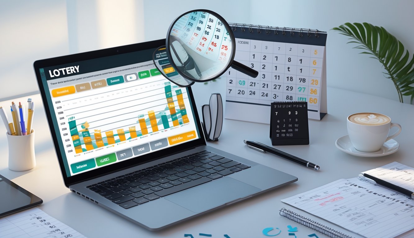 Meja kerja modern dengan laptop menampilkan grafik dan angka, buku catatan dengan perhitungan, kaca pembesar, kalender, dan cangkir kopi.