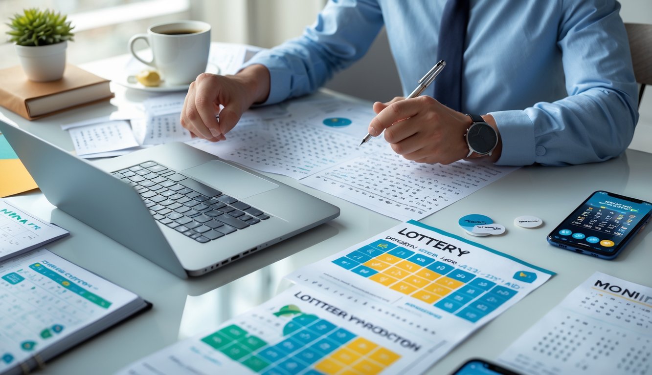 Orang sedang menganalisis data prediksi togel bulanan di meja kerja dengan laptop, kalender, dan alat tulis.