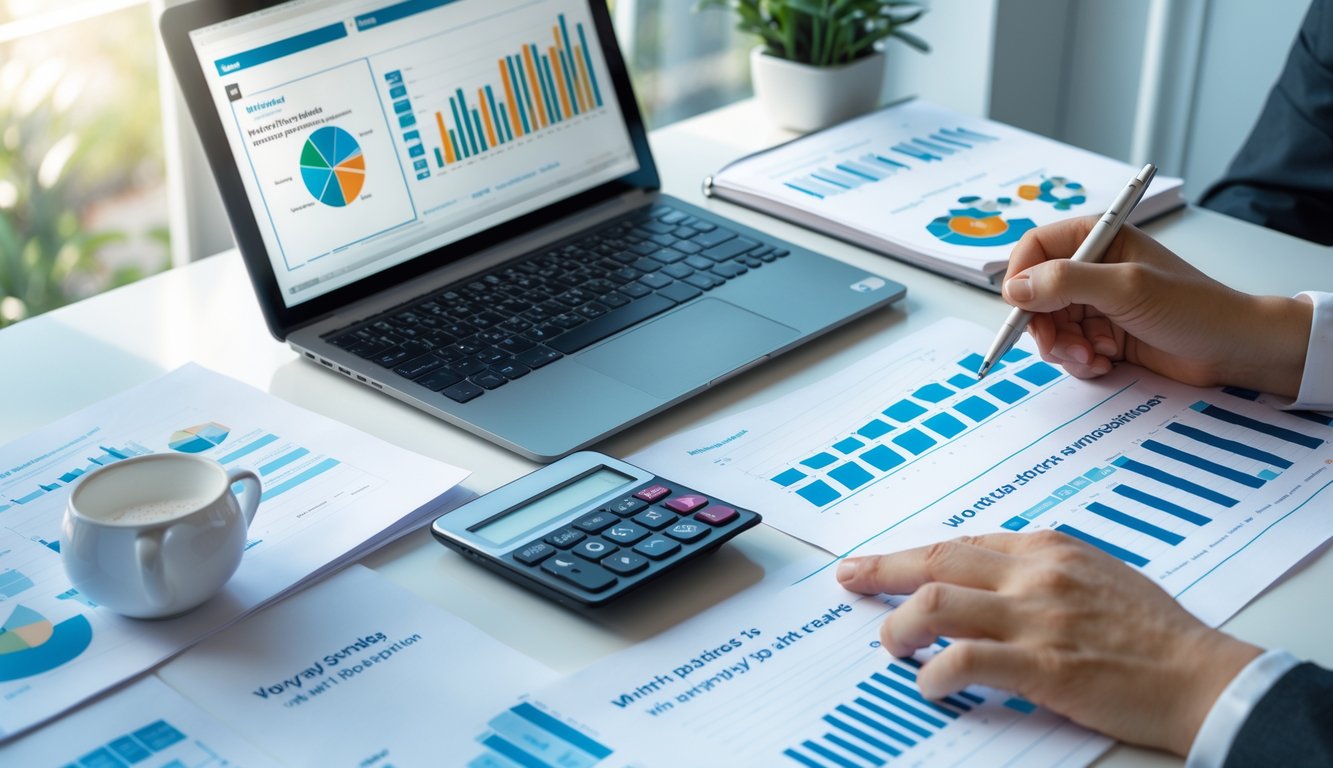 Meja kerja dengan laptop, kalkulator, dan tangan seseorang yang sedang menulis data angka.