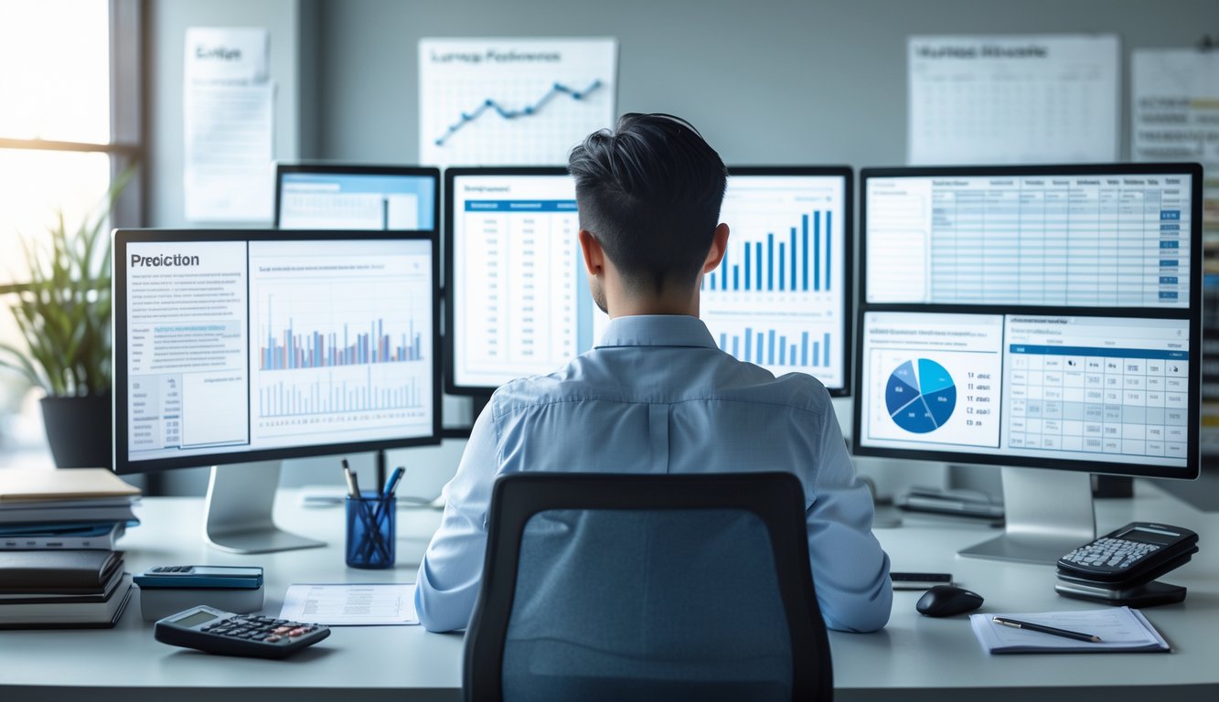 Seseorang sedang menganalisis data dan grafik di komputer dalam ruangan kantor modern.