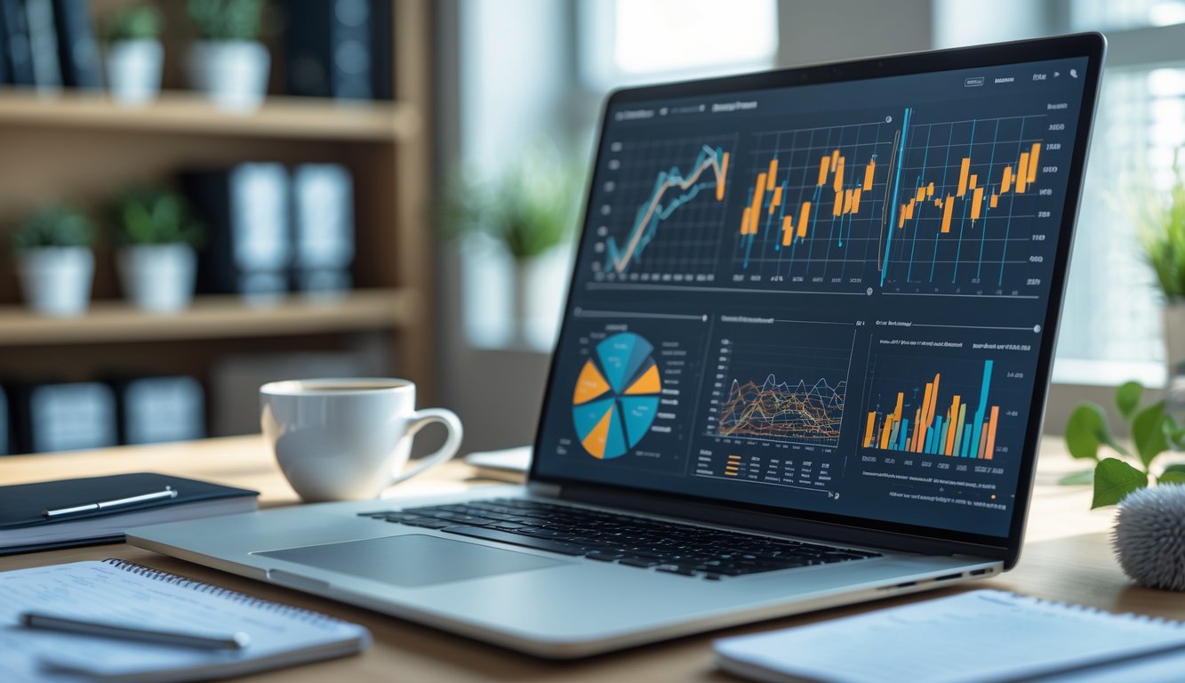 Meja kerja modern dengan laptop yang menampilkan grafik dan angka, dikelilingi oleh alat tulis dan cangkir kopi di ruangan kantor yang terang.