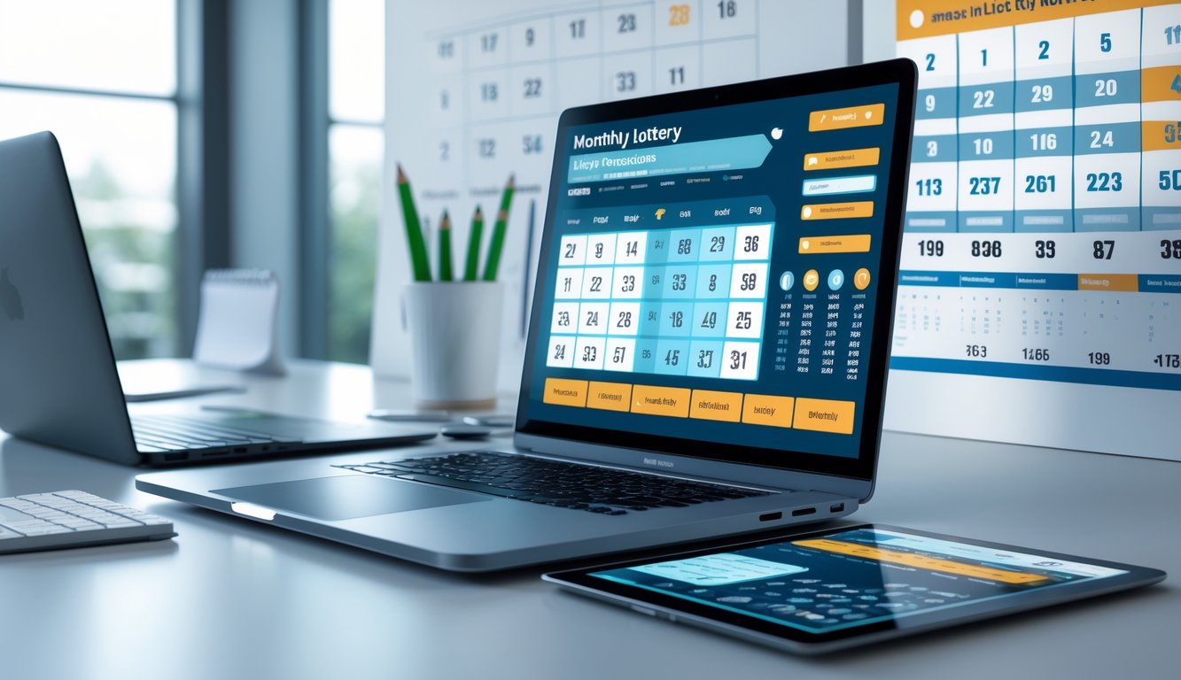 Meja kerja modern dengan perangkat digital yang menampilkan data dan grafik prediksi angka togel bulanan.