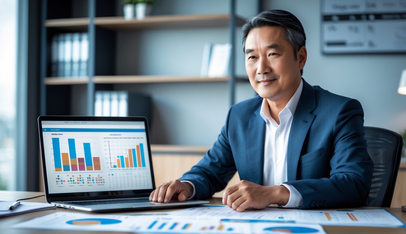 Seorang pria Asia paruh baya duduk di meja kantor modern, sedang menganalisis data dan grafik pada laptop dan dokumen.