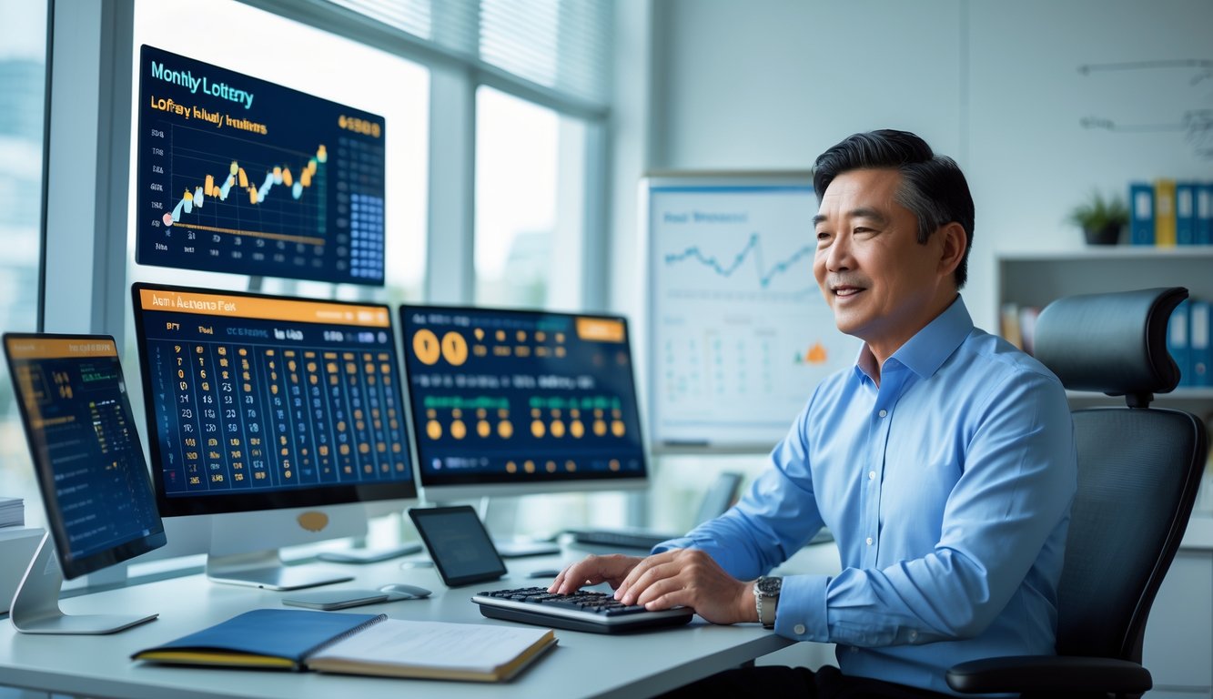 Seorang pria Asia paruh baya sedang menganalisis data angka di layar digital di sebuah kantor modern yang terang.