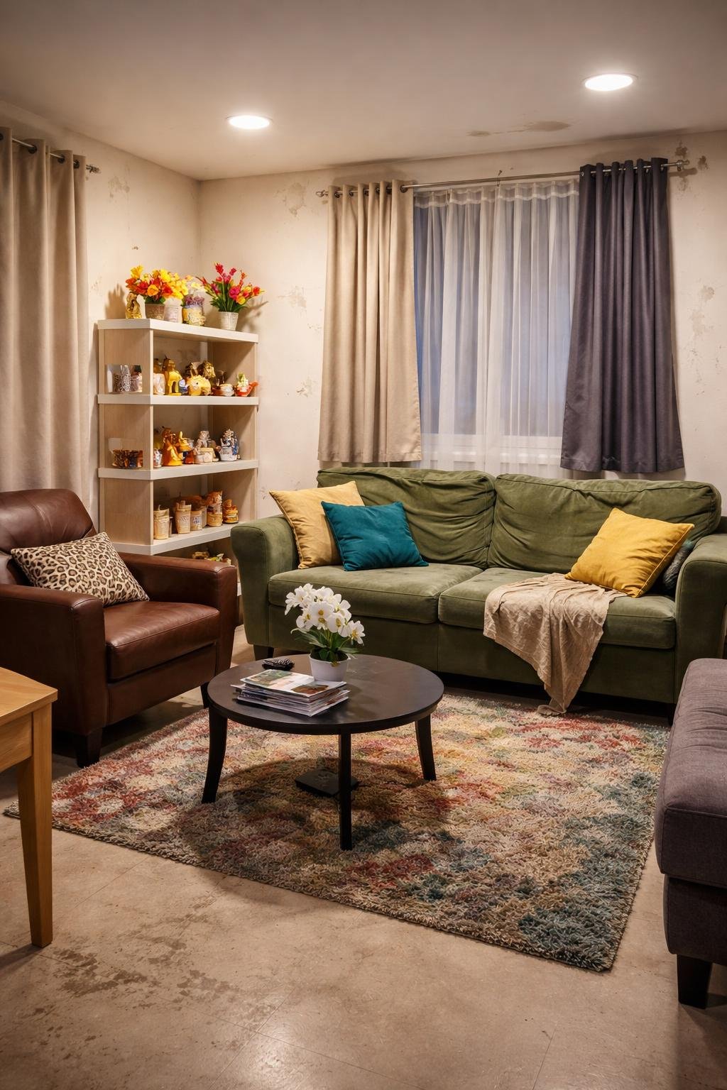 Living room with mismatched furniture, uneven curtains, worn rug, and visible wall damage.