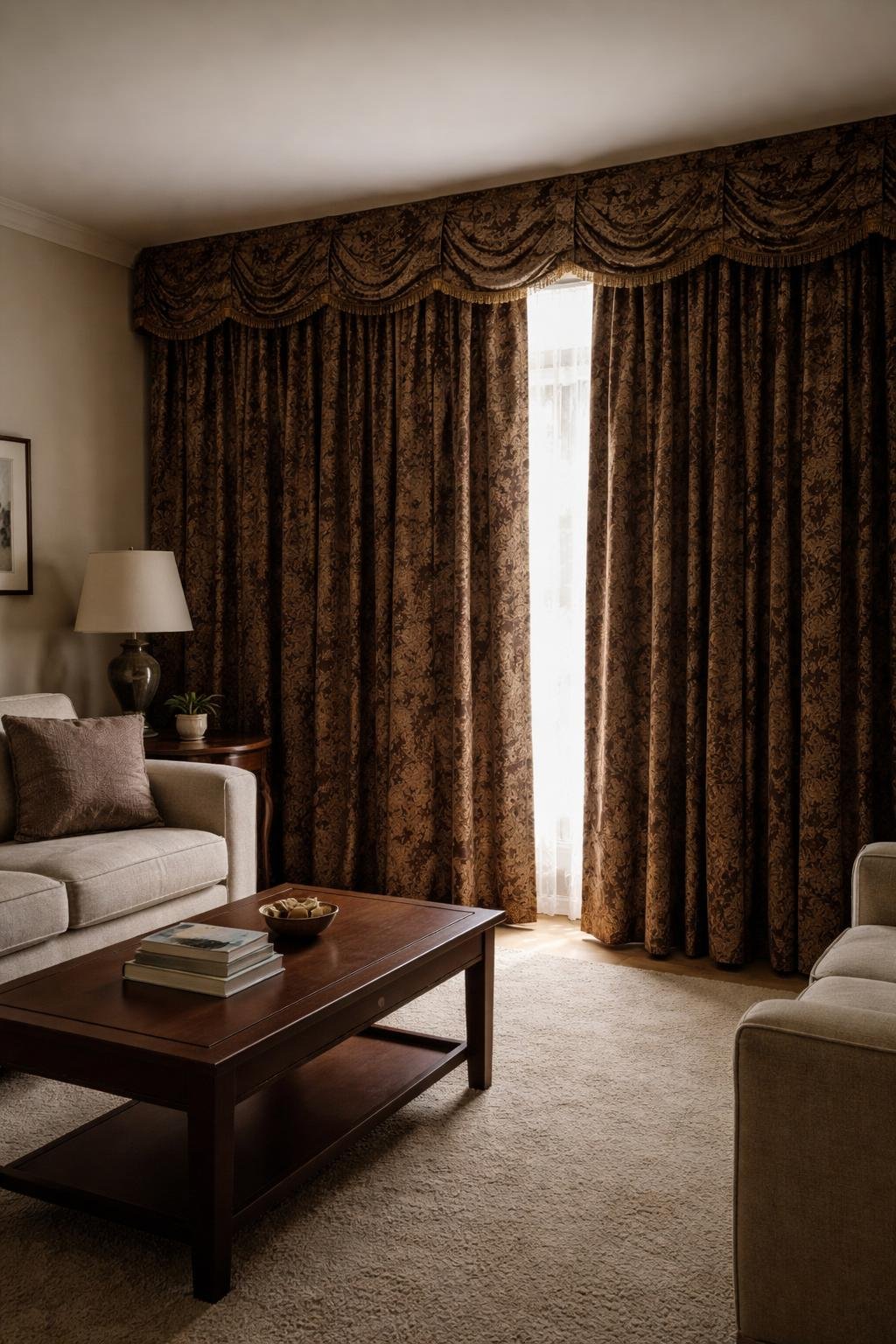Living room with large, heavy curtains covering windows, making the space look dark and crowded.