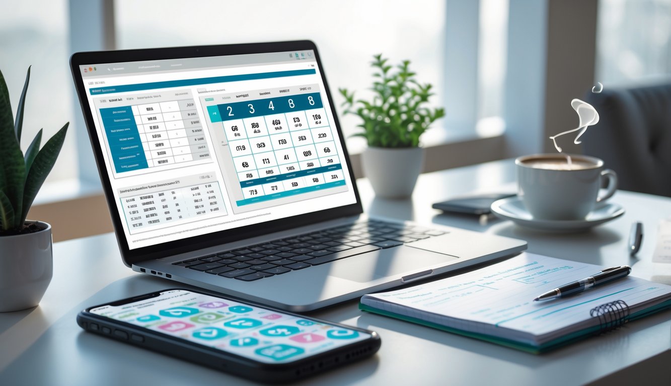 Meja kerja dengan laptop, catatan, pena, dan ponsel yang menampilkan data prediksi togel, dengan secangkir kopi dan tanaman kecil di latar belakang.