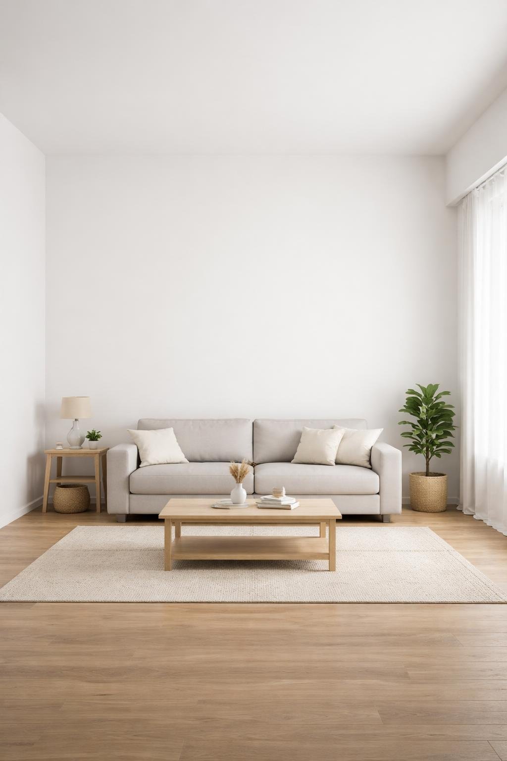 A living room with blank white walls, a sofa, and a coffee table, illuminated by natural light.