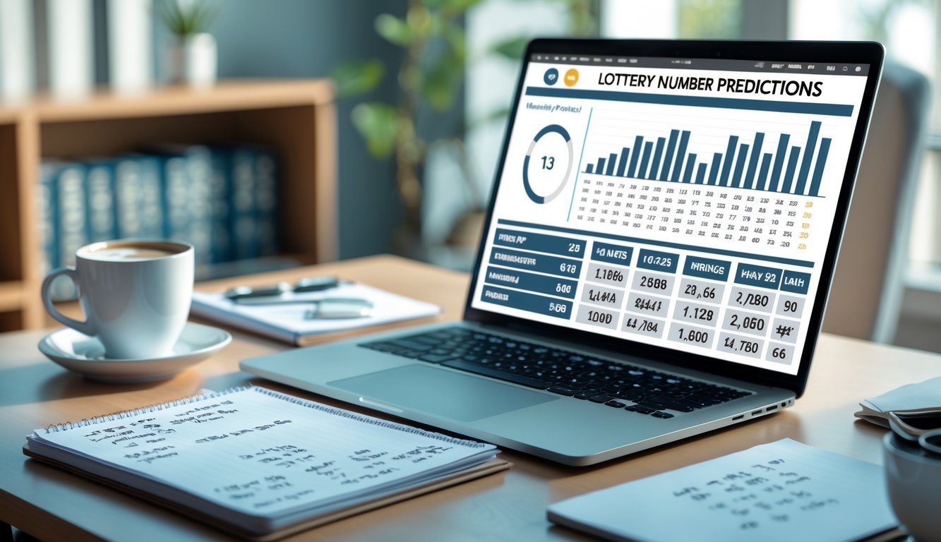 Meja kerja modern dengan laptop, buku catatan, dan cangkir kopi yang menunjukkan suasana analisis prediksi togel bulanan.