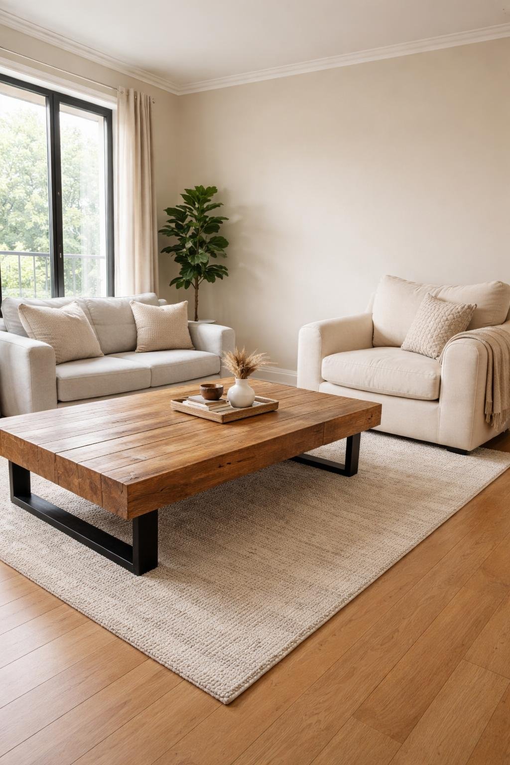 Living room with mismatched furniture sizes including a small sofa, large coffee table, and oversized armchair creating an unbalanced space.