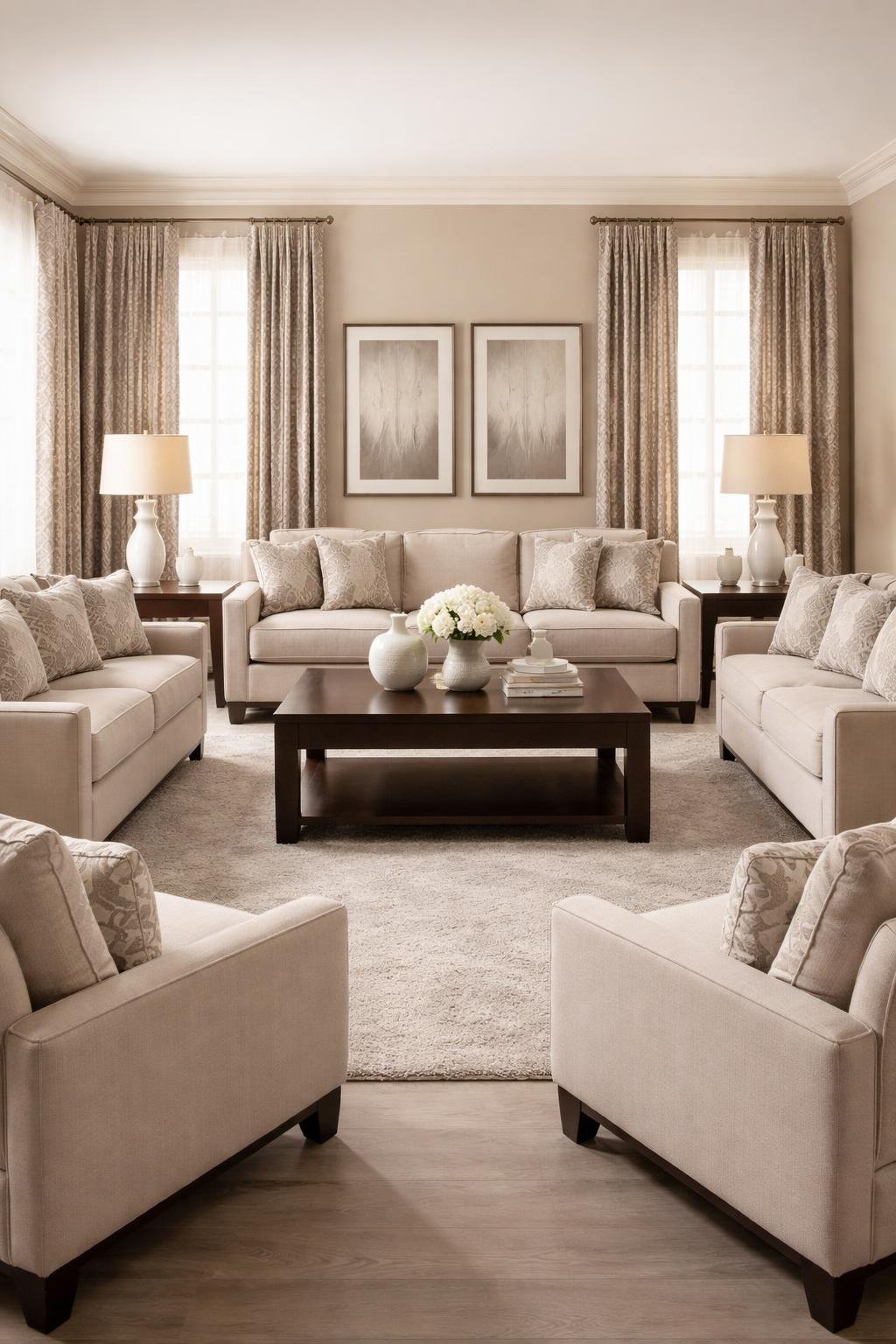Living room with identical matching furniture pieces and accessories arranged uniformly, creating a staged and impersonal appearance.