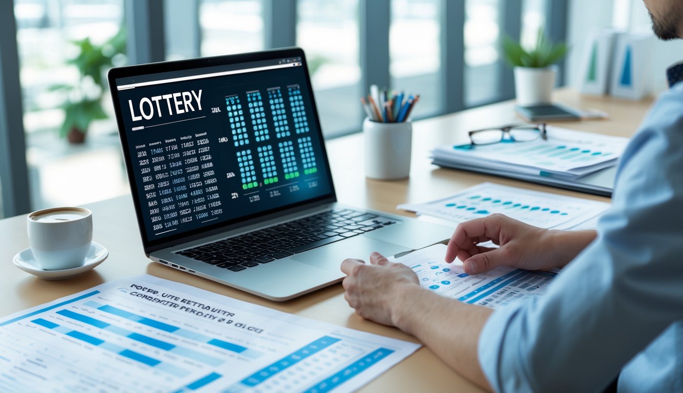 Seorang pria sedang menganalisis data angka di laptop dan kertas di meja kerja yang rapi dengan cahaya alami dari jendela besar.