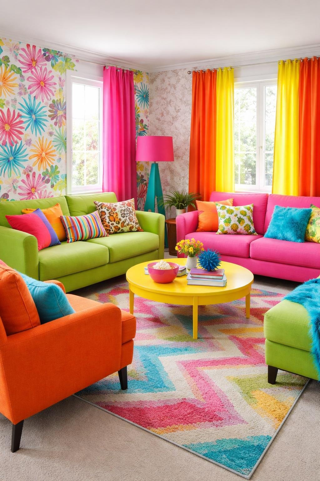 A living room with mismatched furniture and clashing bright colors creating a visually chaotic and uncoordinated space.