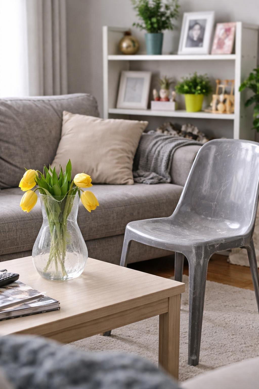 Living room with visible cheap plastic furniture and decor items that look worn and fragile.