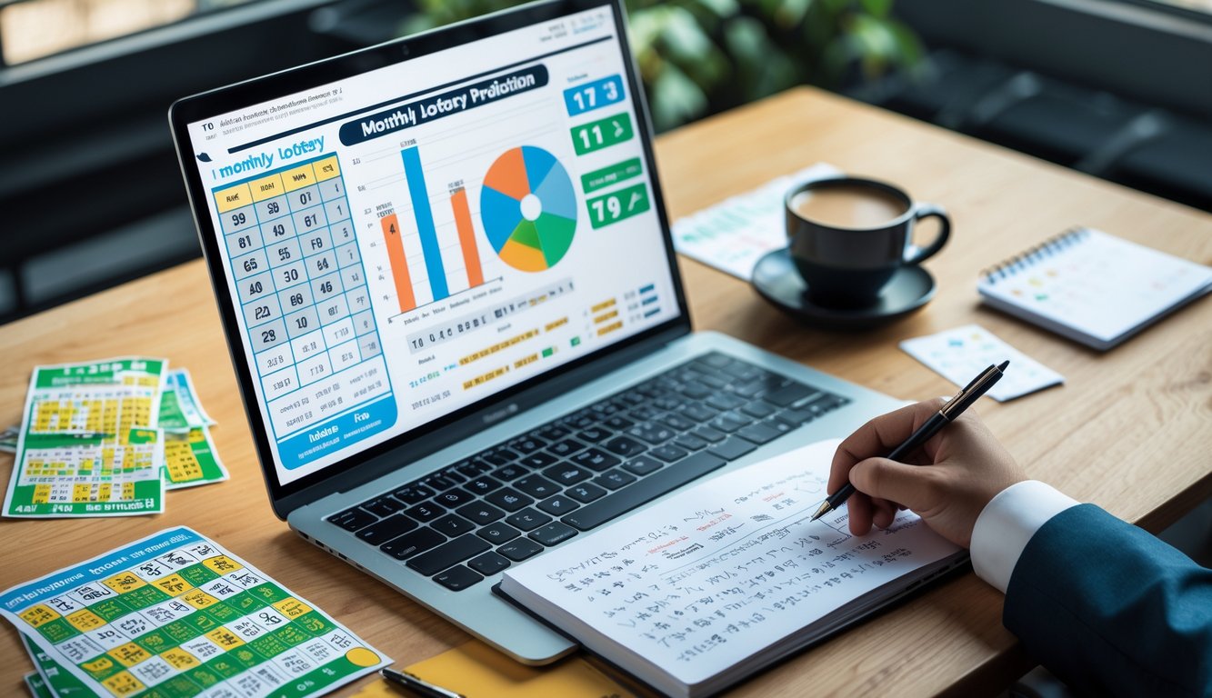 Meja kerja modern dengan laptop, catatan, tiket lotre, dan kalender yang menunjukkan suasana analisis prediksi angka lotre bulanan.