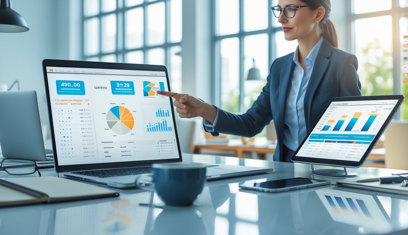 Seseorang sedang menganalisis data angka pada perangkat digital di meja kerja di kantor yang terang dan rapi.