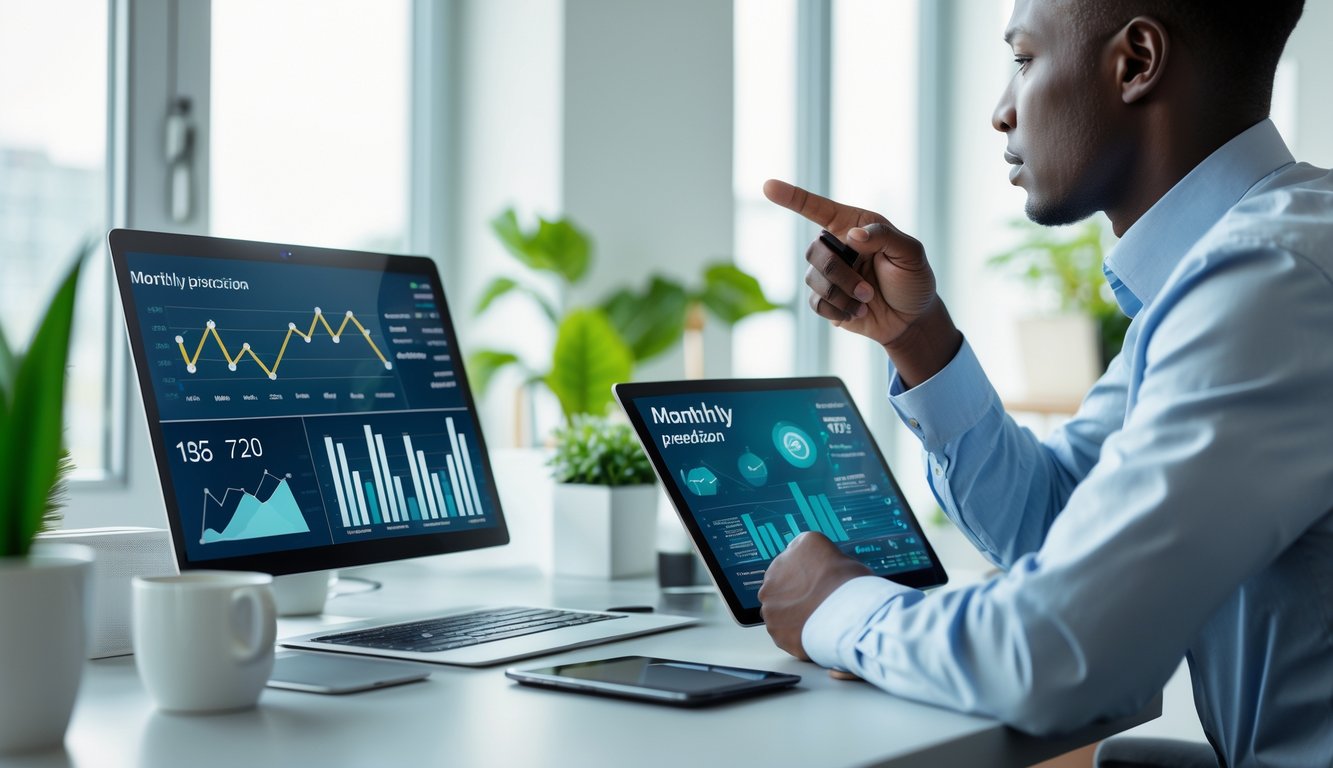 Seorang profesional di kantor modern sedang menganalisis data prediksi bulanan menggunakan laptop dan tablet.
