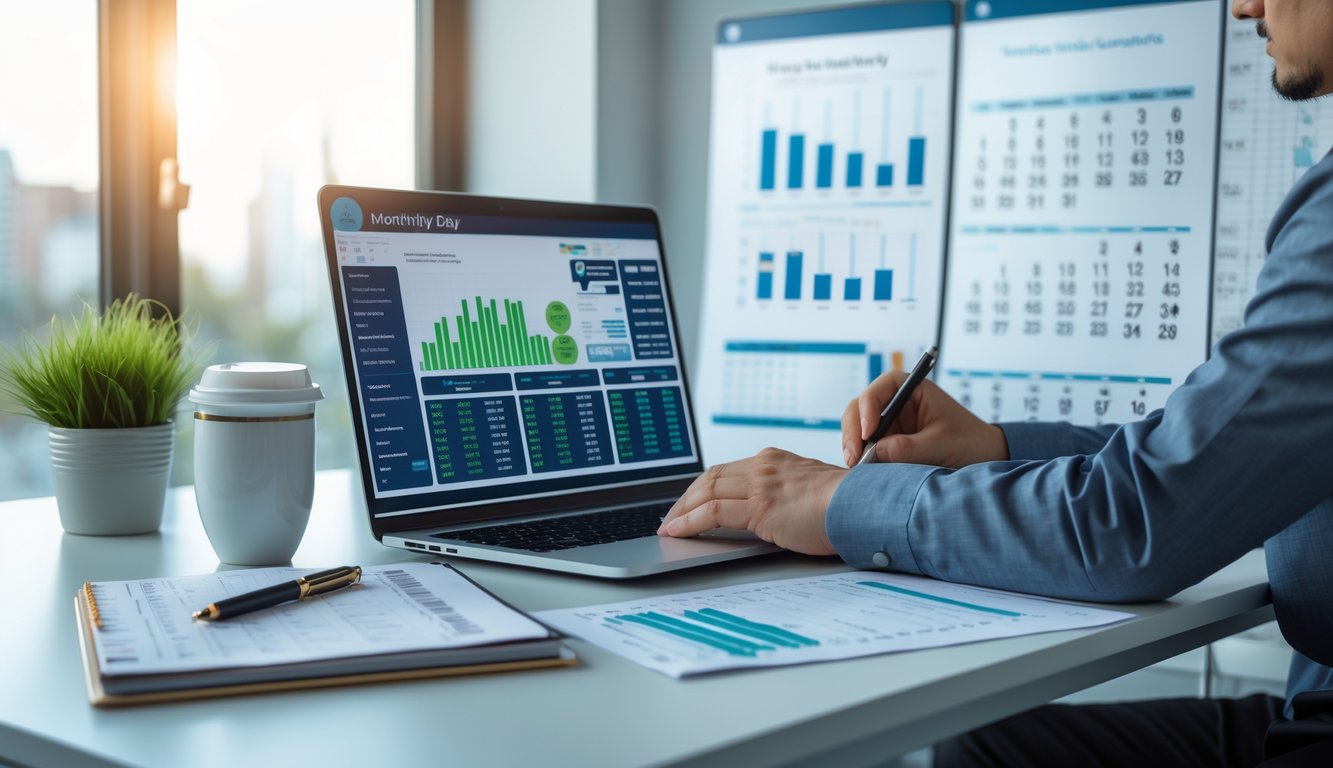 Seorang profesional sedang menganalisis data dan kalender di meja kerja untuk strategi prediksi togel bulanan.