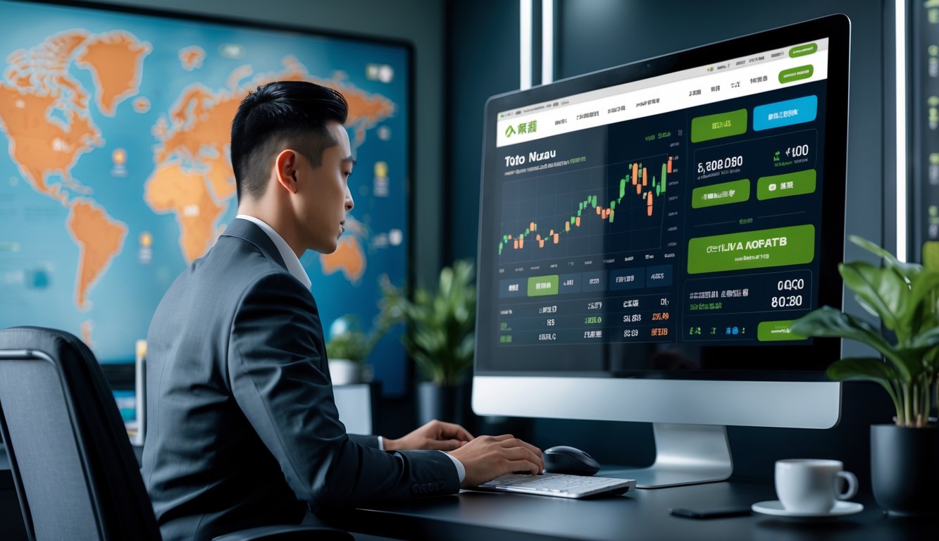 Seorang profesional sedang bekerja di depan komputer dengan tampilan situs taruhan online dan dekorasi kantor modern.