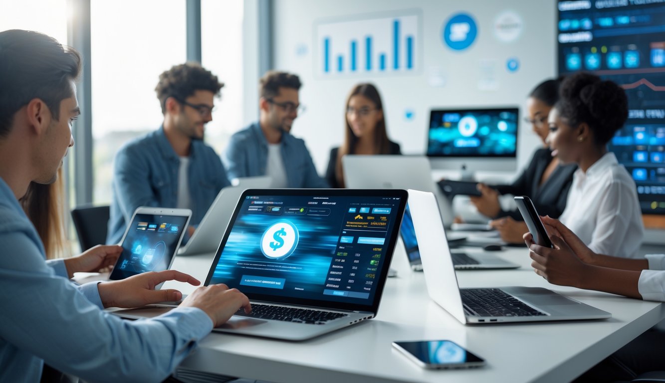 Sekelompok orang muda menggunakan perangkat digital di kantor modern dengan suasana terang dan profesional.