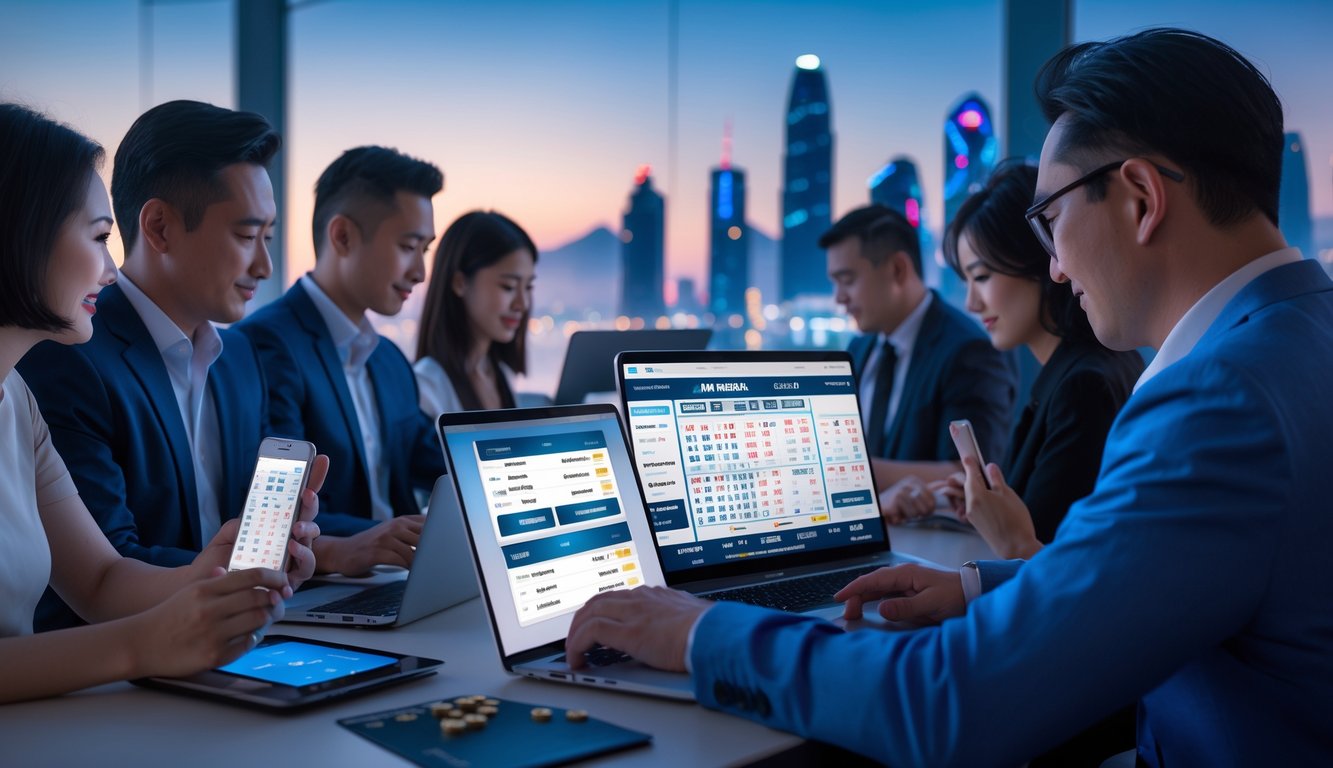 Sekelompok orang menggunakan perangkat digital untuk taruhan online dengan latar belakang pemandangan kota Macau saat senja.