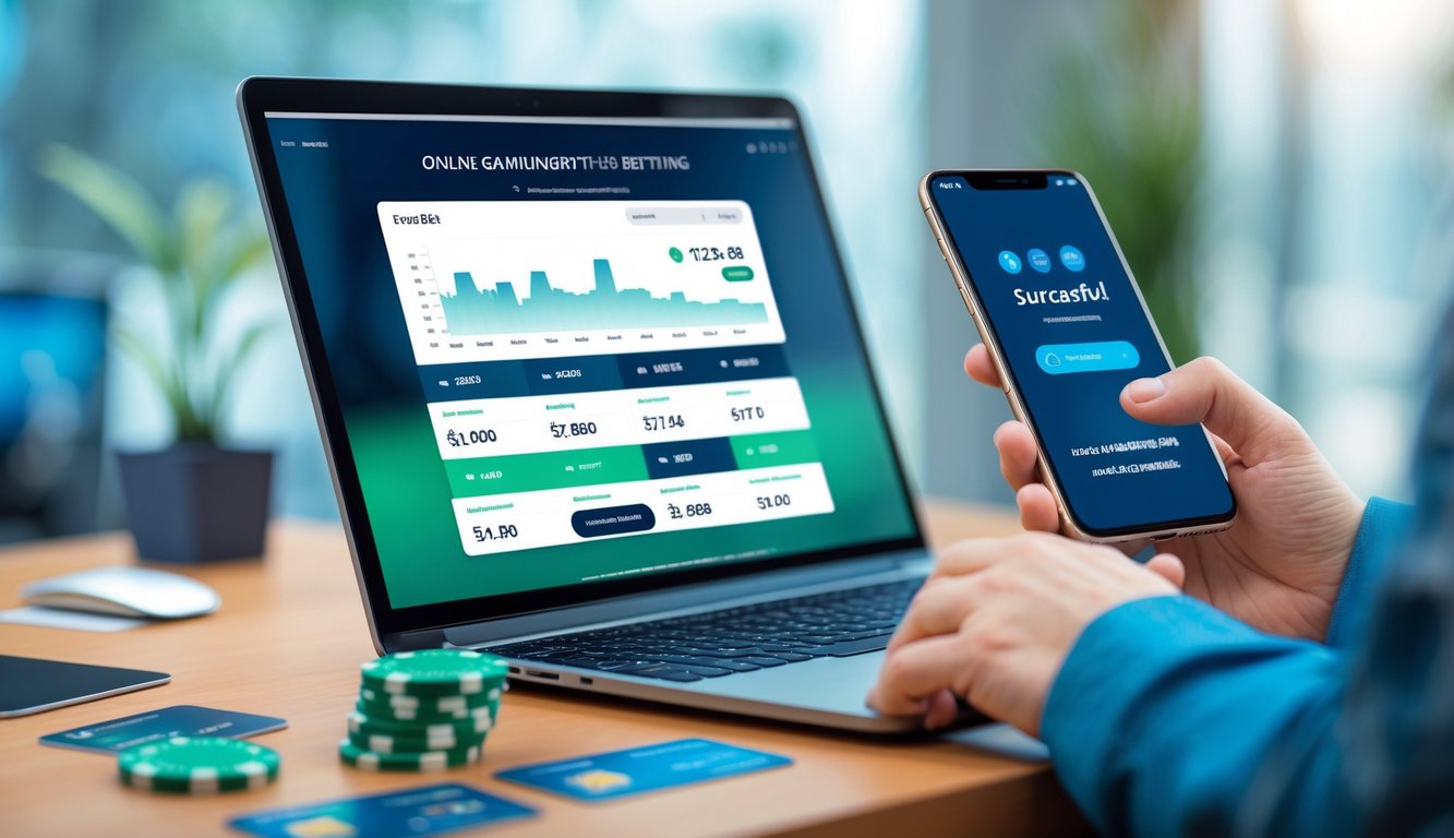 Tampilan layar komputer dengan situs taruhan online, dikelilingi ikon pembayaran digital dan smartphone yang menunjukkan transaksi berhasil.