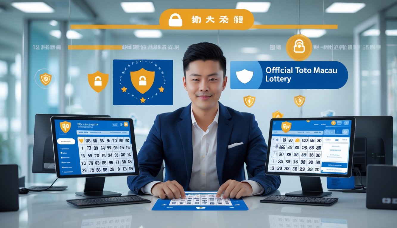 Seorang pria muda duduk di meja dengan perangkat digital yang menampilkan angka lotre dan simbol keamanan di latar belakang.