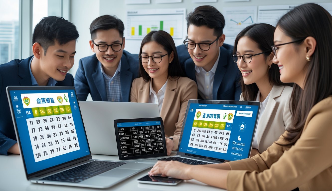 Sekelompok orang muda sedang menggunakan laptop dan perangkat digital untuk bermain lotere secara online di ruang kantor yang terang dan aman.