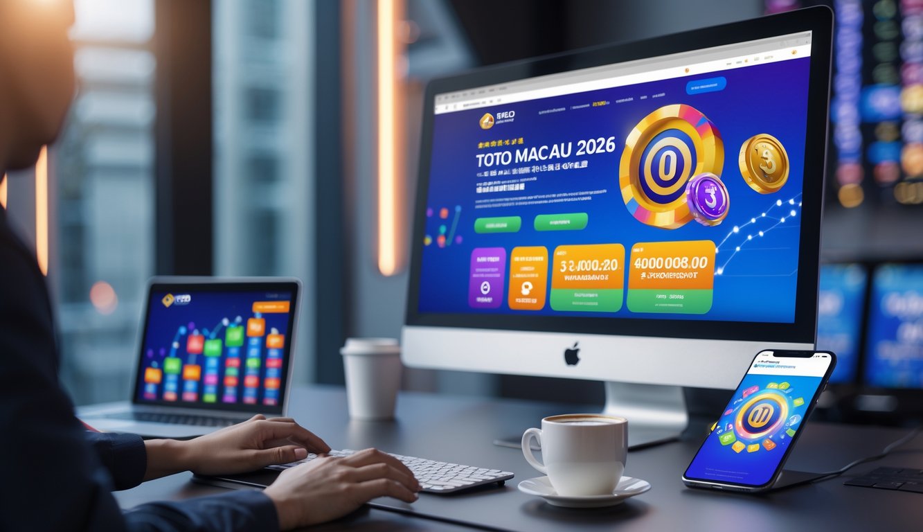 Meja kerja modern dengan komputer yang menampilkan situs judi online dan perangkat pendukung seperti ponsel dan cangkir kopi.