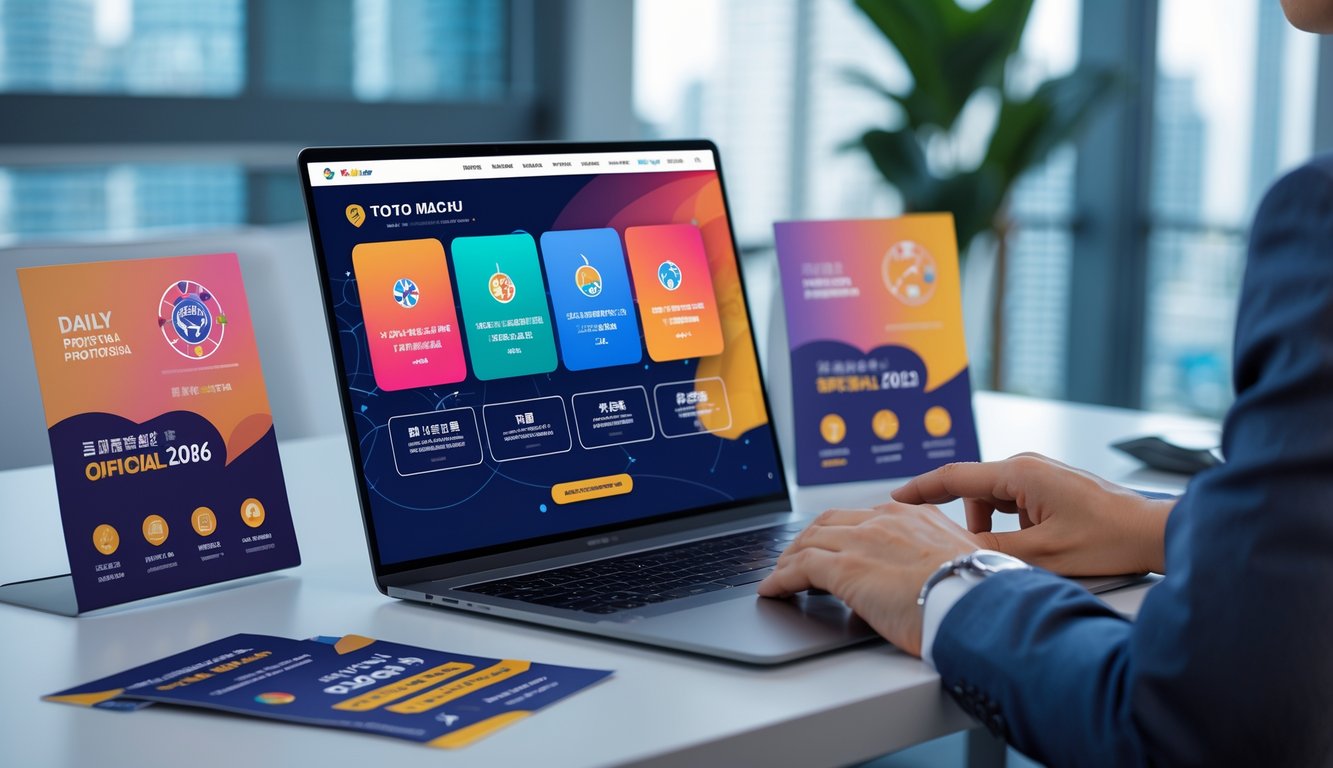 Meja kerja modern dengan laptop yang menampilkan situs terkait Toto Macau, dikelilingi oleh materi promosi dan suasana kantor yang terang.
