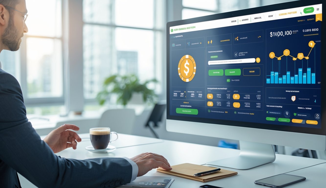 Seseorang menggunakan komputer dengan tampilan situs judi online yang profesional di kantor yang terang dan rapi.