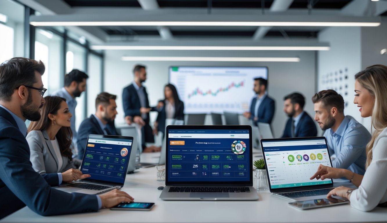 Sekelompok orang sedang bekerja bersama di kantor modern dengan komputer dan perangkat digital, fokus pada aktivitas terkait perjudian atau lotere online.