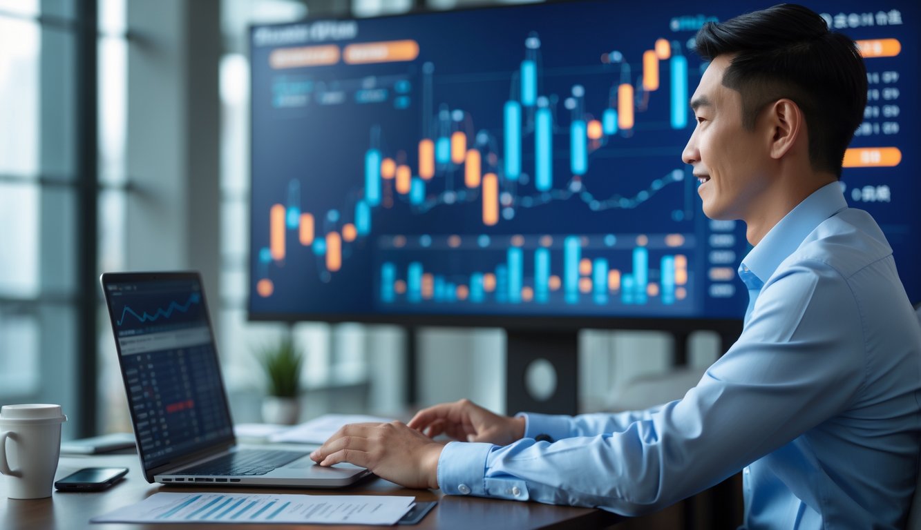 Seorang pria Asia duduk di meja kantor menggunakan laptop dengan layar digital menampilkan grafik keuangan di latar belakang.