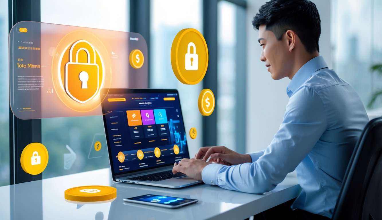 Seorang pria atau wanita muda duduk di meja kerja modern dengan laptop yang menampilkan antarmuka situs taruhan online, dikelilingi simbol keamanan dan transaksi cepat.