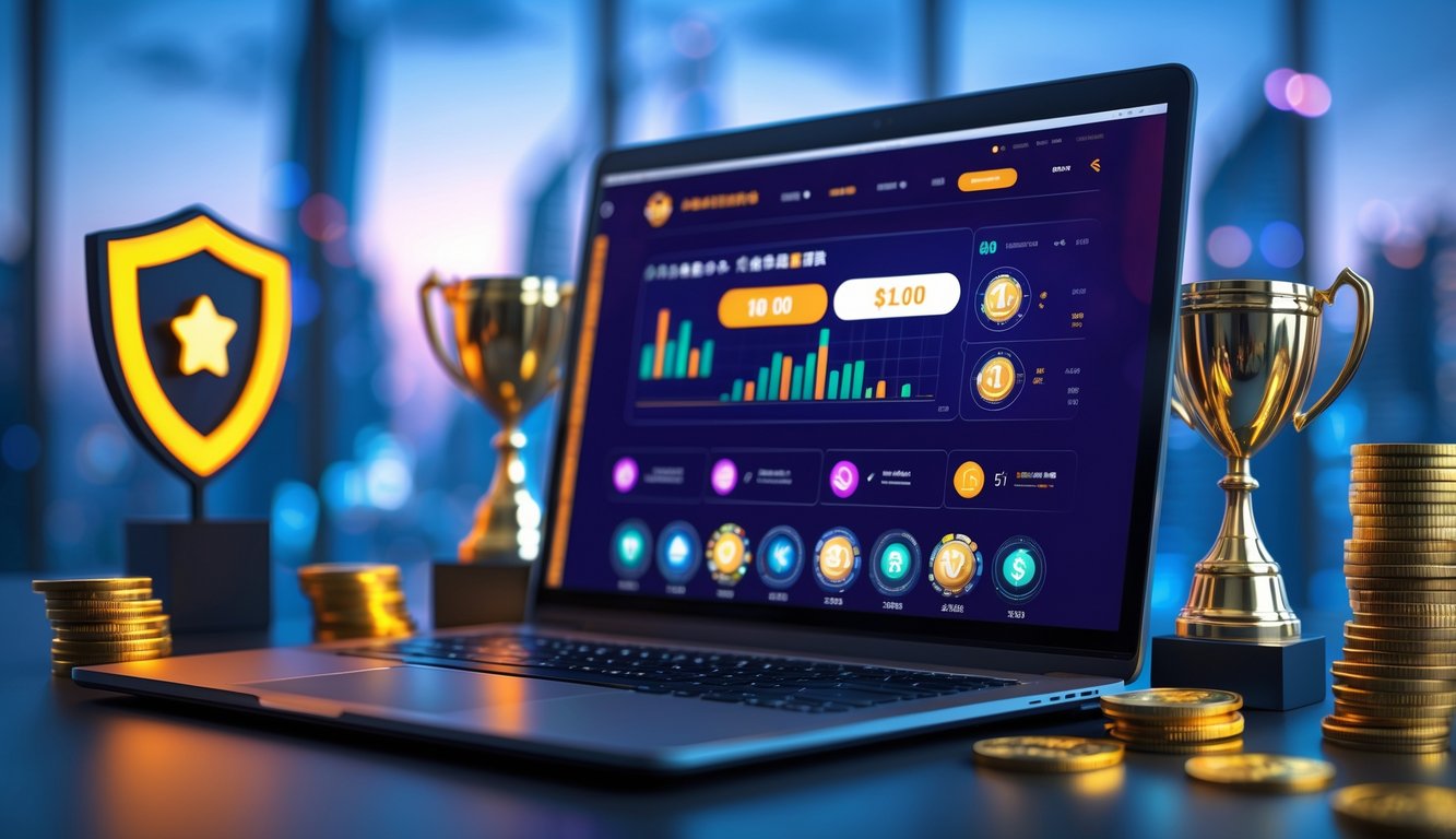 Sebuah ruang kerja modern dengan laptop yang menampilkan antarmuka situs taruhan online dan simbol kepercayaan seperti perisai dan piala di sekitarnya.