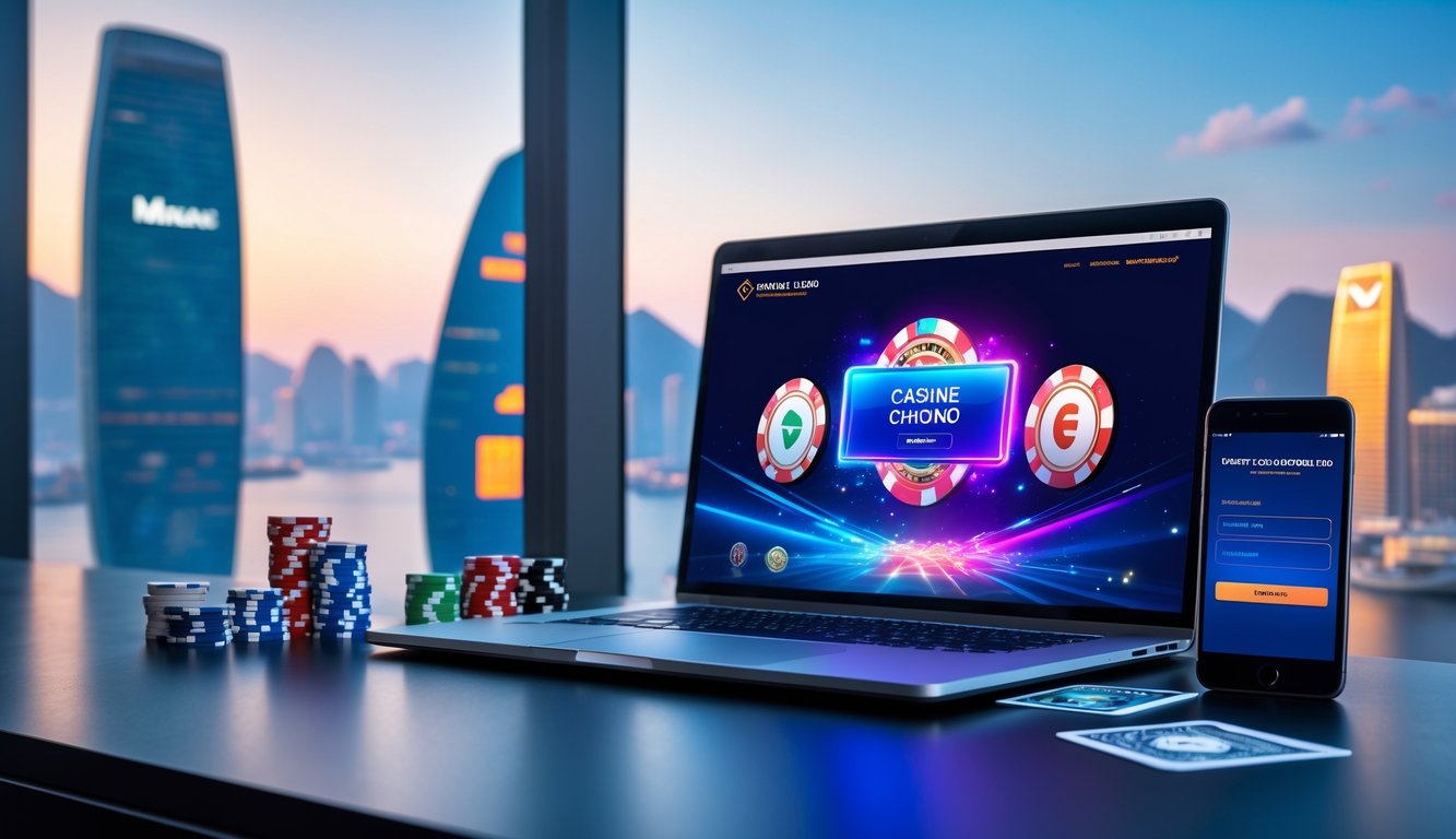 Meja kerja modern dengan laptop yang menampilkan platform permainan online, dikelilingi chip kasino dan kartu, dengan pemandangan kota Macau di latar belakang.