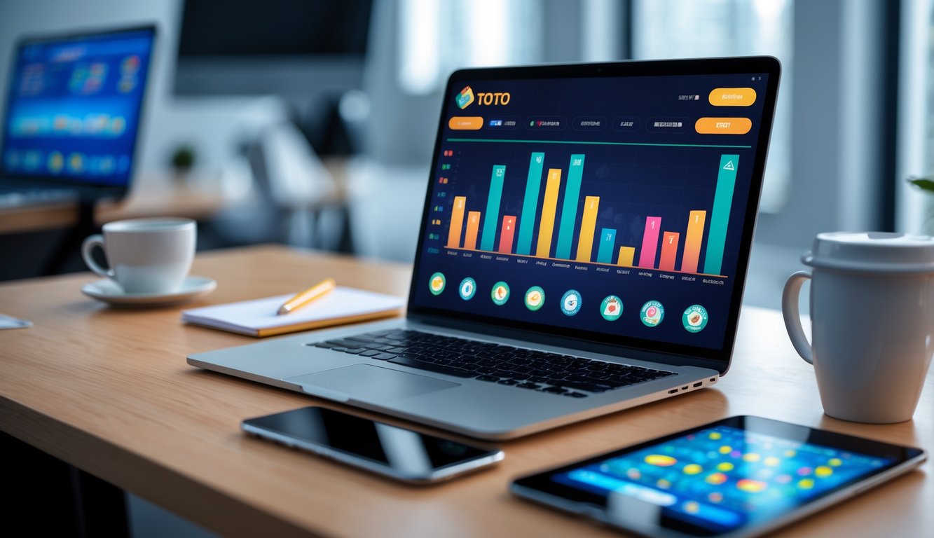 Meja kerja dengan laptop dan perangkat mobile yang menampilkan antarmuka situs judi online, suasana nyaman dan profesional di ruang kantor.