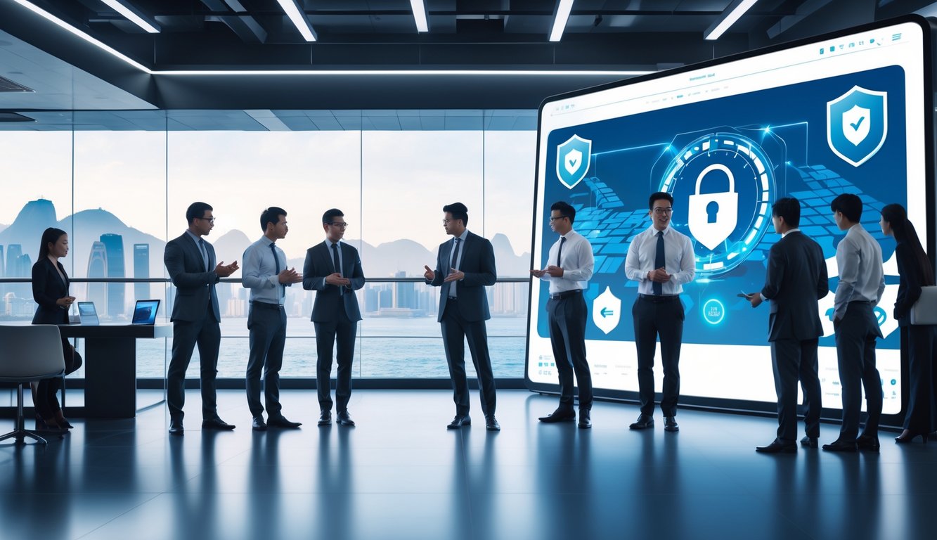 Sekelompok profesional sedang berdiskusi di kantor modern dengan layar digital menampilkan grafik simbol keamanan dan layanan 24 jam, latar belakang menunjukkan siluet kota Macau.