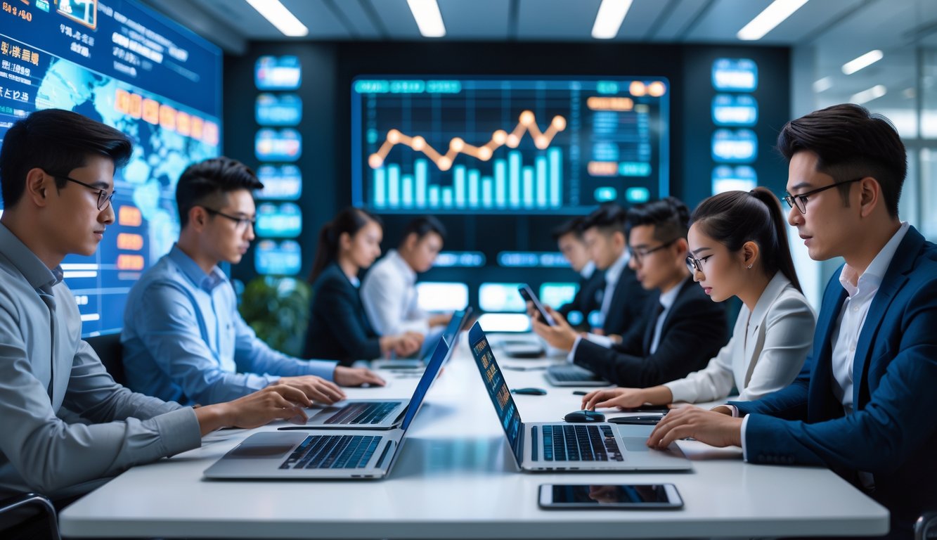 Sekelompok profesional muda menggunakan perangkat digital di kantor modern dengan layar besar menampilkan data dan peta terkait layanan taruhan online.