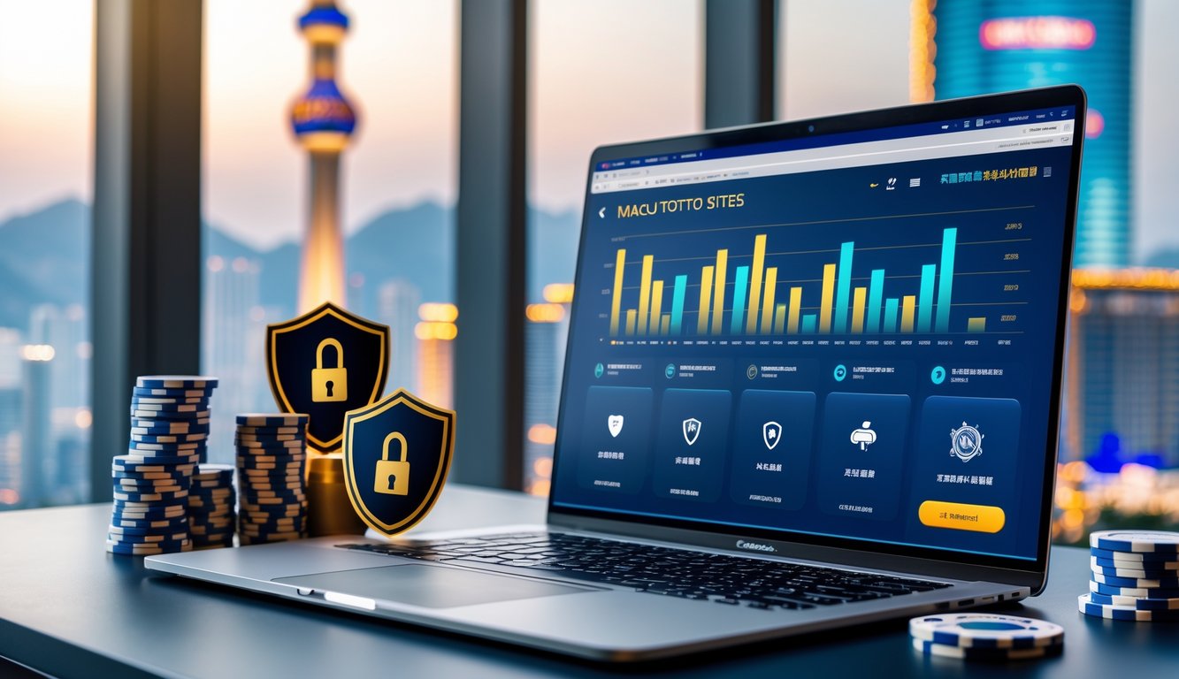 Meja kerja modern dengan laptop yang menampilkan antarmuka taruhan online dan simbol keamanan serta tumpukan chip poker dengan latar belakang landmark terkenal Macau.