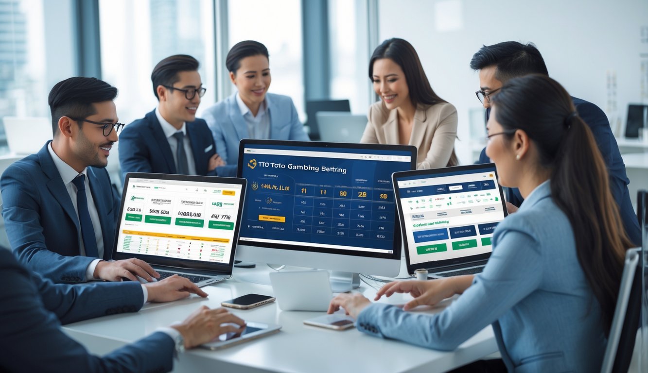 Orang-orang bekerja di kantor modern dengan beberapa layar komputer menampilkan data taruhan online, menunjukkan suasana aktivitas situs Toto Macau terpercaya.